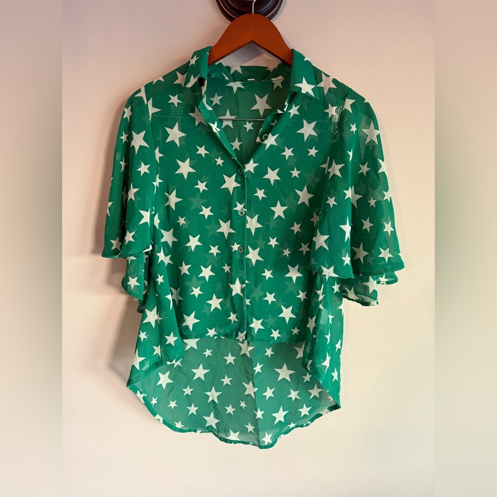 Moa Moa Womens Green Star Print Flutter Sleeve High Low Button Down Size M